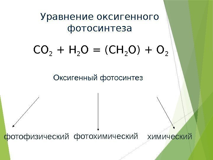 Оксигенный фотосинтез фотофизический фотохимический. Уравнение оксигенного фотосинтеза CO 2 + H 2 O =