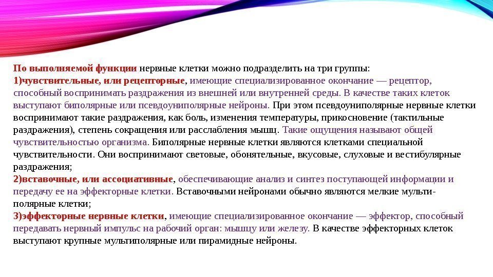 По выполняемой функции нервные клетки можно подразделить на три группы: 1)чувствительные, или рецепторные ,