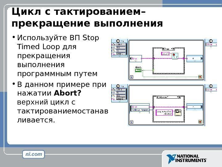 Цикл с тактированием– прекращение выполнения • Используйте ВП Stop Timed Loop для прекращения выполнения