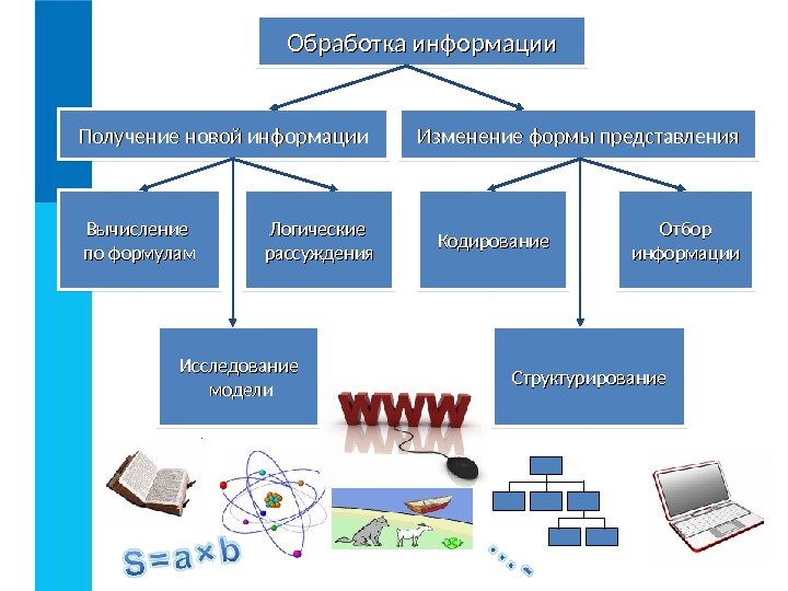 Обработка информации Получение новой информации Изменение формы представления Вычисление по формулам Логические рассуждения Исследование