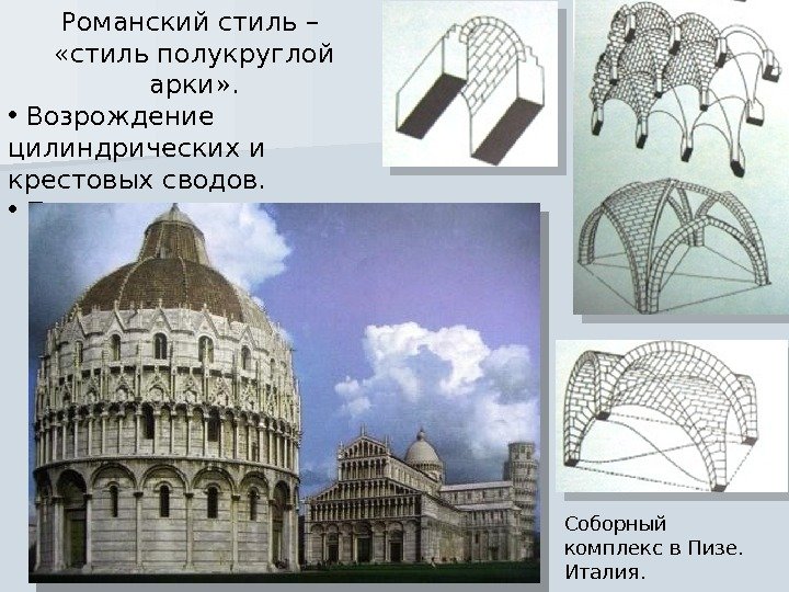 Романский стиль –  «стиль полукруглой арки» .  •  Возрождение цилиндрических и