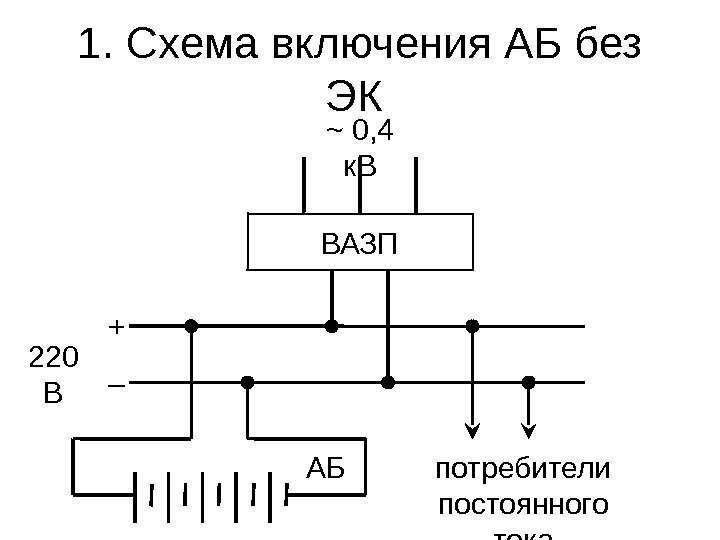 1. Схема включения АБ без ЭК ВАЗП ~ 0, 4 к. В АБ потребители