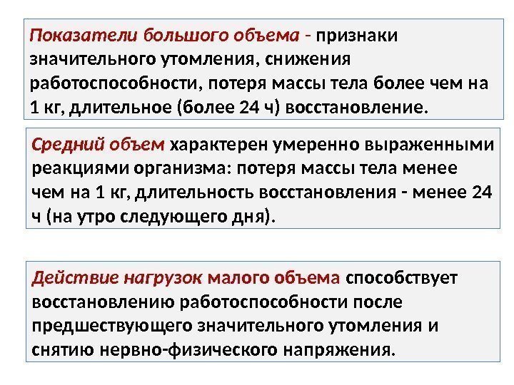 Показатели большого объема - признаки значительного утомления, снижения работоспособности, потеря массы тела более чем