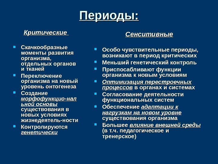 Периоды: Критические  Скачкообразные моменты развития организма,  отдельных органов и тканей Переключение организма