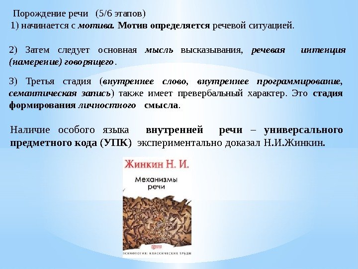  Порождение речи  (5/6 этапов) 1) начинается с мотива.  Мотив определяется речевой