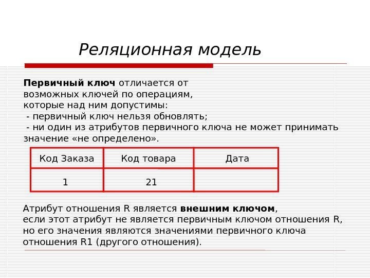 Реляционная модель Первичный ключ отличается от возможных ключей по операциям,  которые над ним