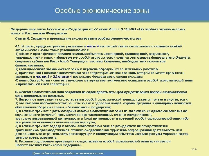 Цели, задачи и типы особых экономических зон 114 Особые экономические зоны Федеральный закон Российской