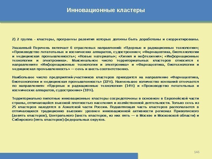 Инновационные кластеры 146 2) 2 группа - кластеры,  программы развития которых должны быть