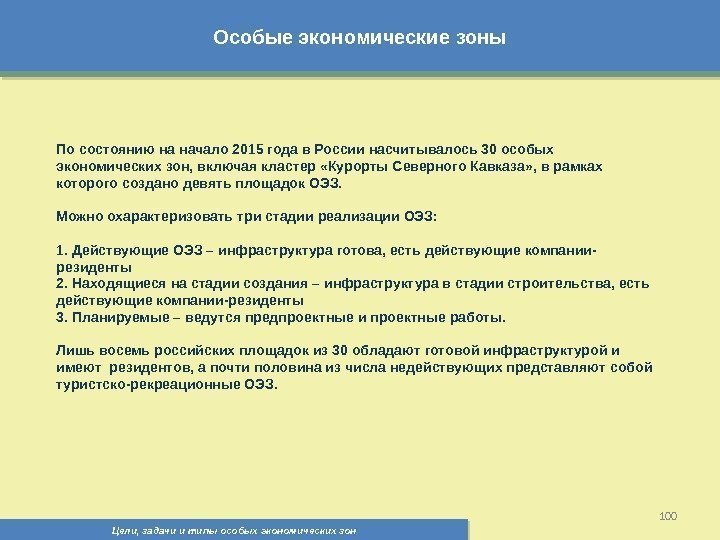 Особые экономические зоны Цели, задачи и типы особых экономических зон 100 По состоянию на