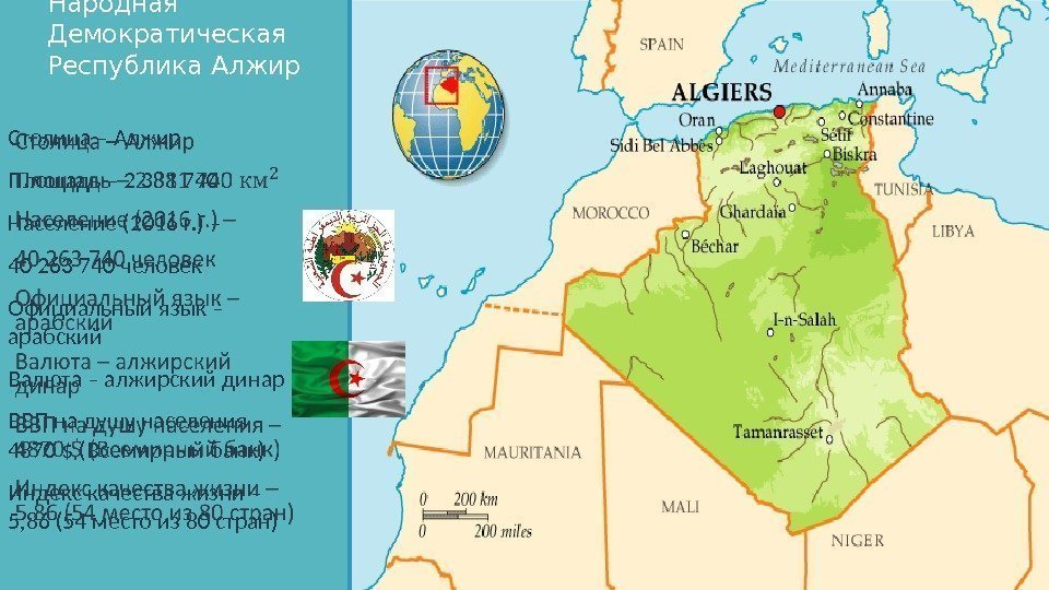 Народная Демократическая Республика Алжир Столица – Алжир Площадь – 2 381 740 Население (2016
