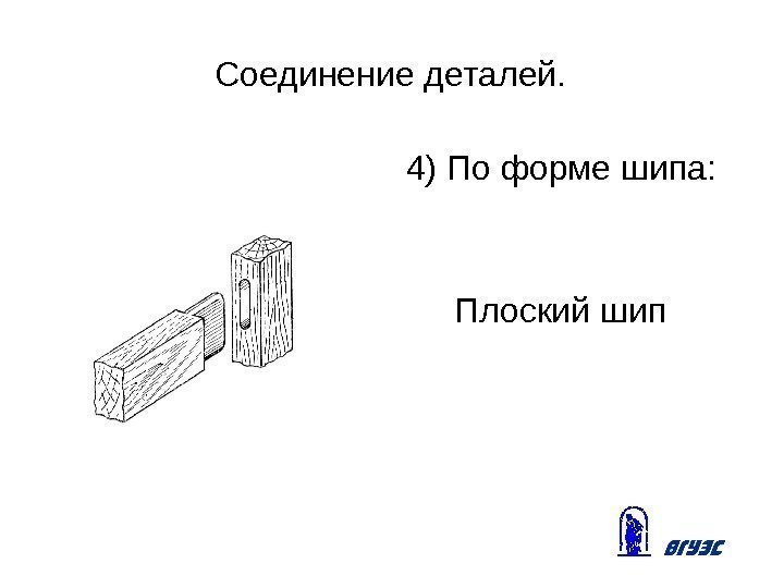 Соединение деталей. 4) По форме шипа:  Плоский шип 