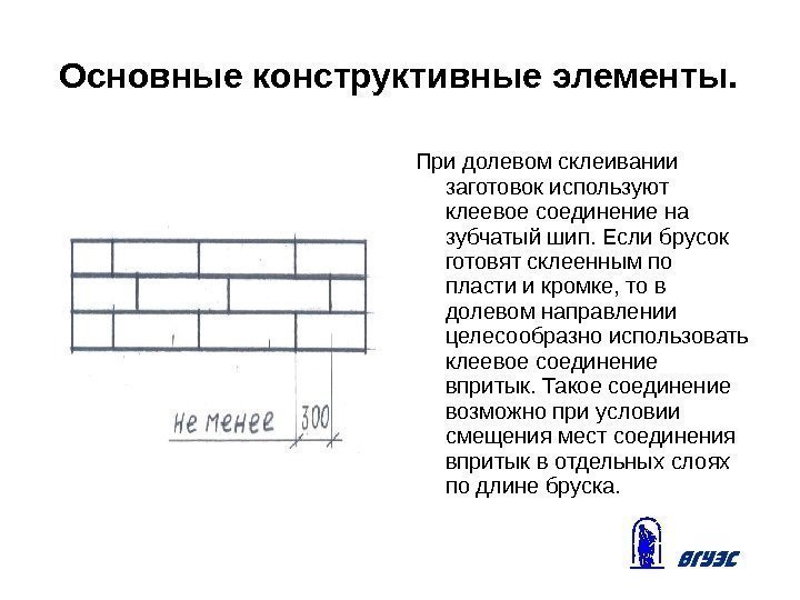 Основные конструктивные элементы. При долевом склеивании заготовок используют клеевое соединение на зубчатый шип. Если