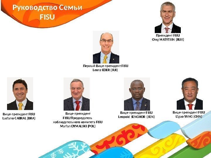 Руководство Семьи FISU Президент FISU Oleg MATYTSIN (RUS)  Первый Вице-президент FISU Leonz EDER