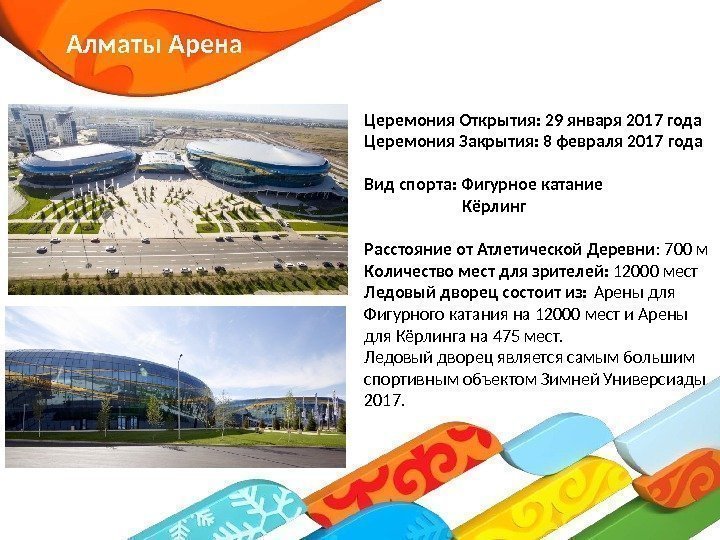 Алматы Арена Церемония Открытия: 29 января 2017 года Церемония Закрытия: 8 февраля 2017 года