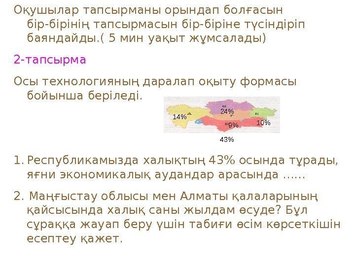 Оқушылар тапсырманы орындап болғасын бір-бірінің тапсырмасын бір-біріне түсіндіріп баяндайды. ( 5 мин уақыт жұмсалады)