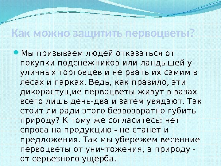 Как можно защитить первоцветы?  Мы призываем людей отказаться от покупки подснежников или ландышей