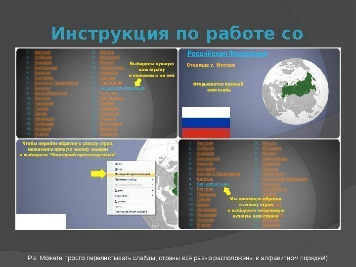 Инструкция по работе со списком стран:  P. s. Можете просто перелистывать слайды, страны