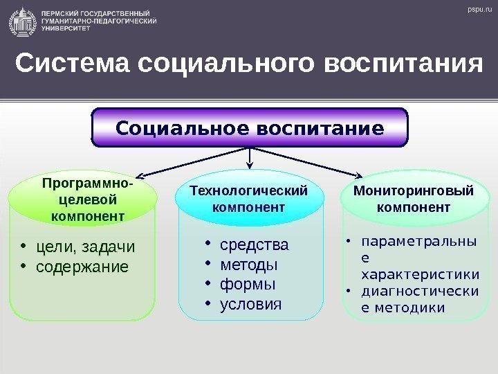 Система социального воспитания Социальное воспитание Программно- целевой компонент Технологический компонент Мониторинговый компонент • цели,