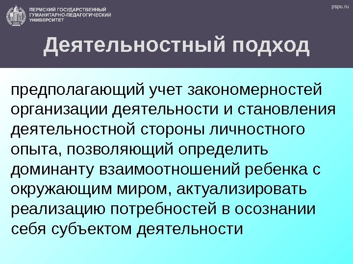 Деятельностный подход предполагающий учет закономерностей организации деятельности и становления деятельностной стороны личностного опыта, позволяющий