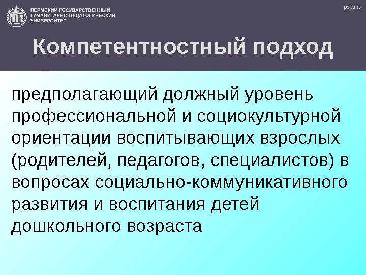 Компетентностный подход предполагающий должный уровень профессиональной и социокультурной ориентации воспитывающих взрослых (родителей, педагогов, специалистов)