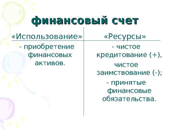 финансовый счет «Использование»  - приобретение финансовых активов.  «Ресурсы»  - чистое кредитование