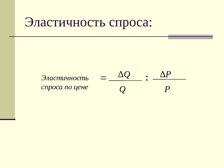 Эластичность спроса: Эластичность спроса по цене : ∆ Q  Q  P∆ P