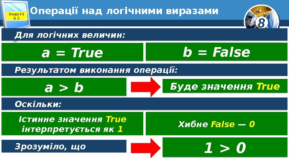 8 Операції над логічними виразами Для логічних величин:  а = True b =