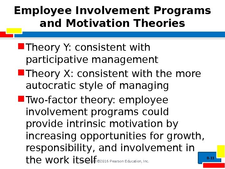 Copyright © 2016 Pearson Education, Inc. Employee Involvement Programs and Motivation Theories Theory Y:
