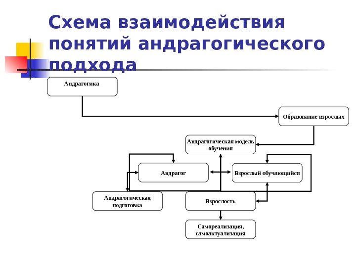   Схема взаимодействия понятий андрагогического подхода Андрагогика Образование взрослых Андрагогическая модель обучения Андрагог