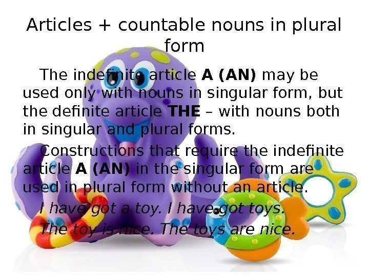 Articles + countable nouns in plural form The indefinite article A (AN) may be