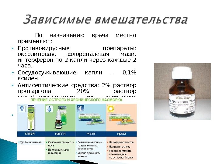  По назначению врача местно применяют:  Противовирусные препараты:  оксолиновая,  флореналевая мази,