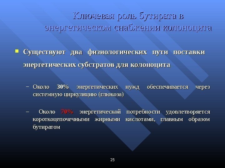 Ключевая роль бутирата в энергетическом снабжении колоноцита Существуют два физиологических пути поставки  энергетических