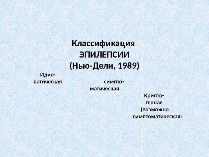 Классификация ЭПИЛЕПСИИ (Нью-Дели, 1989)    Идио-  патическая    