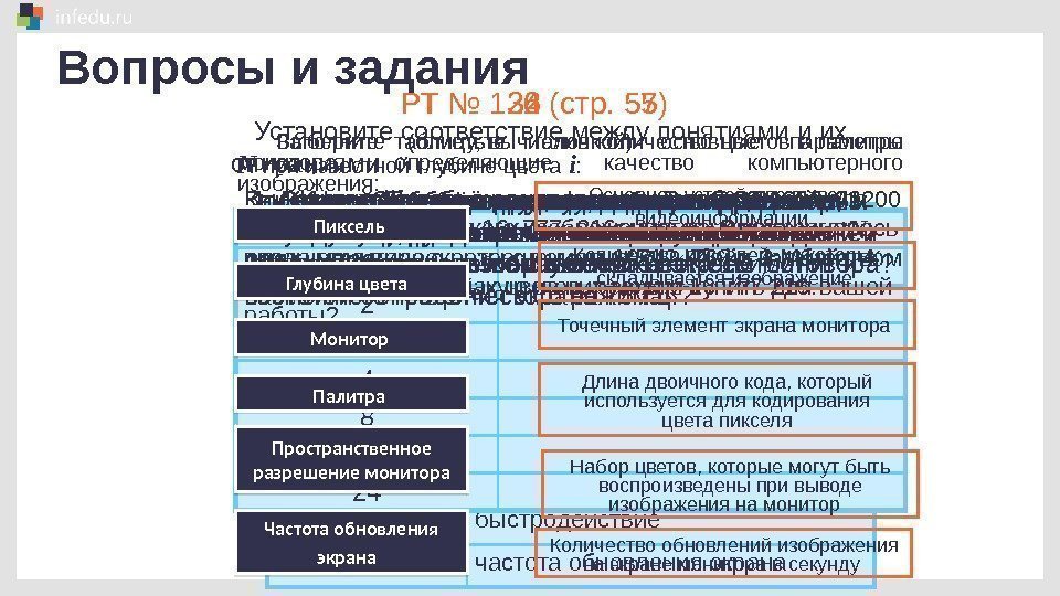  размер по диагонали пространственное разрешение глубина цвета тактовая частота потребляемая мощность разрядность 