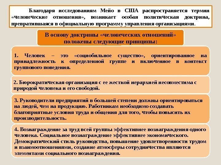 В основу доктрины «человеческих отношений»  положены следующие принципы: 1.  Человек – это