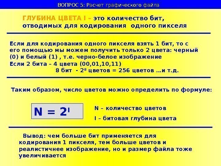   ВОПРОС 5: Расчет графического файла  ГЛУБИНА ЦВЕТА I – это количество