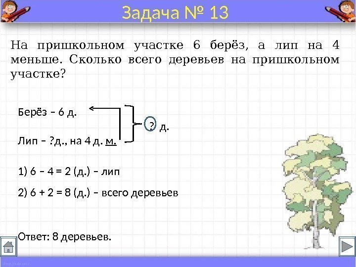 На пришкольном участке 6 берёз,  а лип на 4 меньше.  Сколько всего