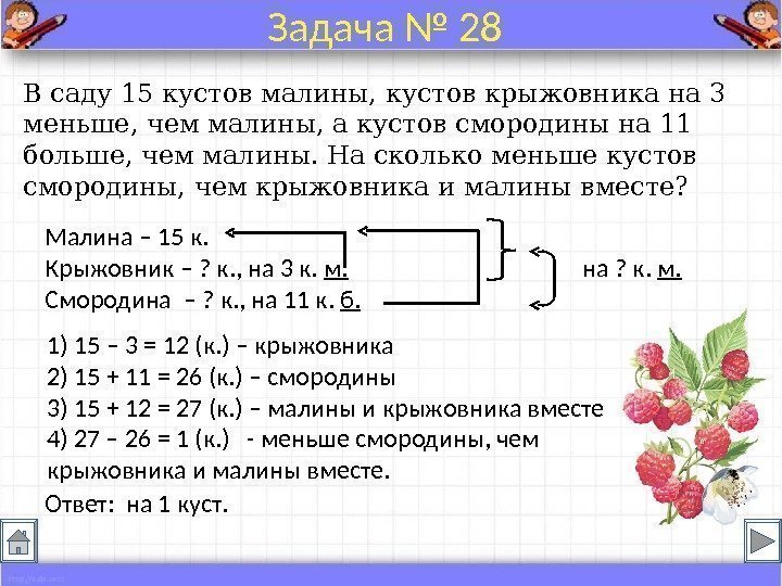 В саду 15 кустов малины, кустов крыжовника на 3 меньше, чем малины, а кустов