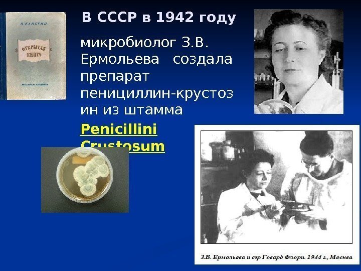   В СССР в 1942 году микробиолог З. В.  Ермольева  создала