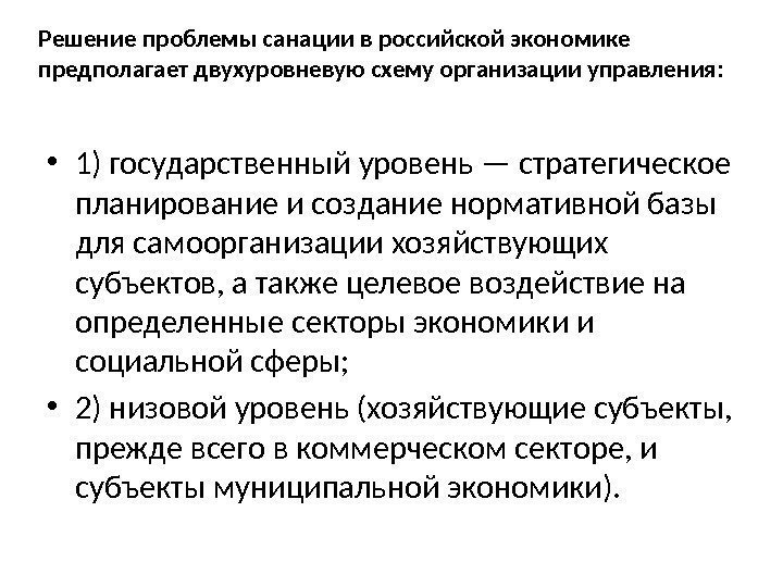 Решение проблемы санации в российской экономике предполагает двухуровневую схему организации управления:  • 1)