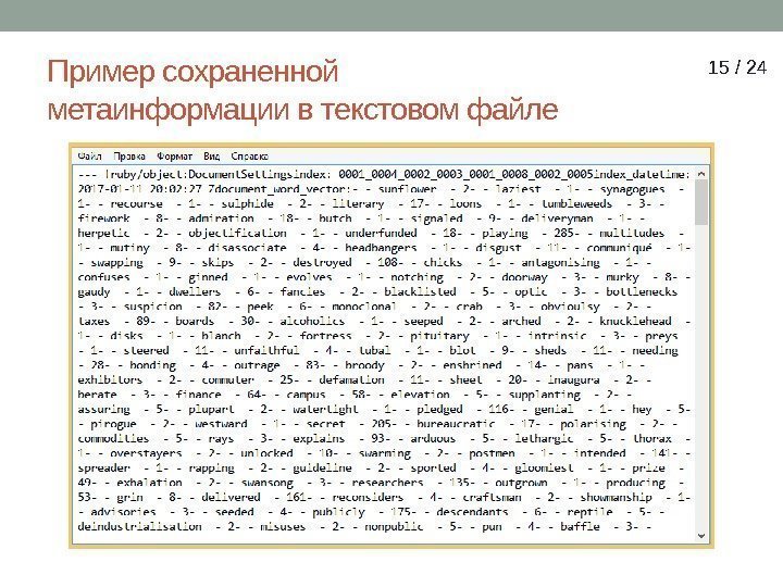 Пример сохраненной метаинформации в текстовом файле 15 / 24 