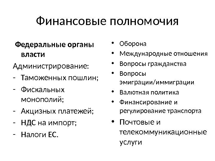 Финансовые полномочия  Федеральные органы власти Администрирование: - Таможенных пошлин; - Фискальных монополий; -