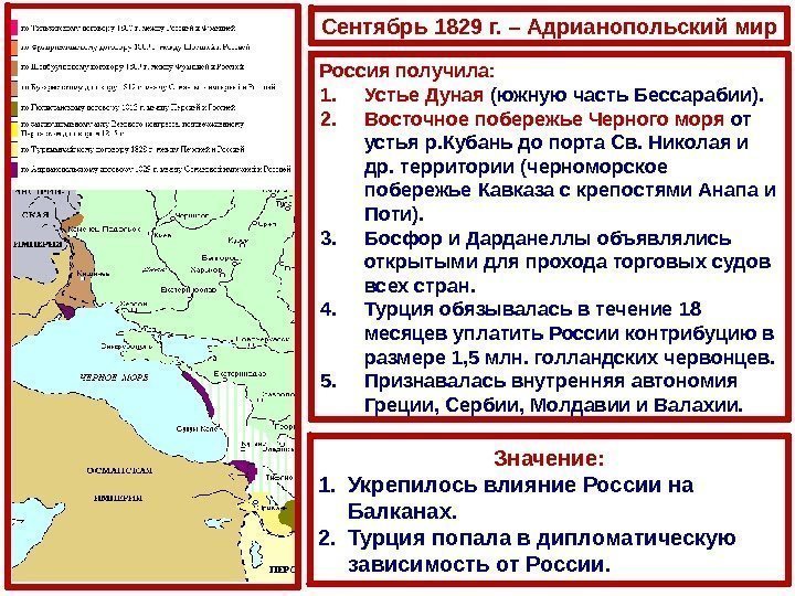 Сентябрь 1829 г. – Адрианопольский мир Россия получила:  1. Устье Дуная (южную часть