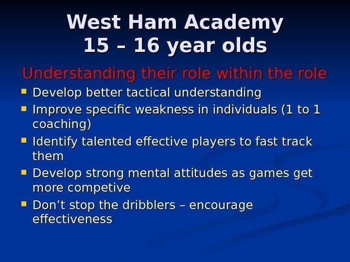   West Ham Academy 15 – 16 year olds Understanding their role within