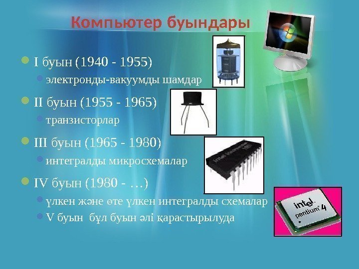 Компьютер буындары I буын (1940 - 1955) электронды-вакуумды шамдар II буын (1955 - 1965)