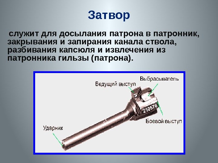 Затвор  служит для досылания патрона в патронник,  закрывания и запирания канала ствола,