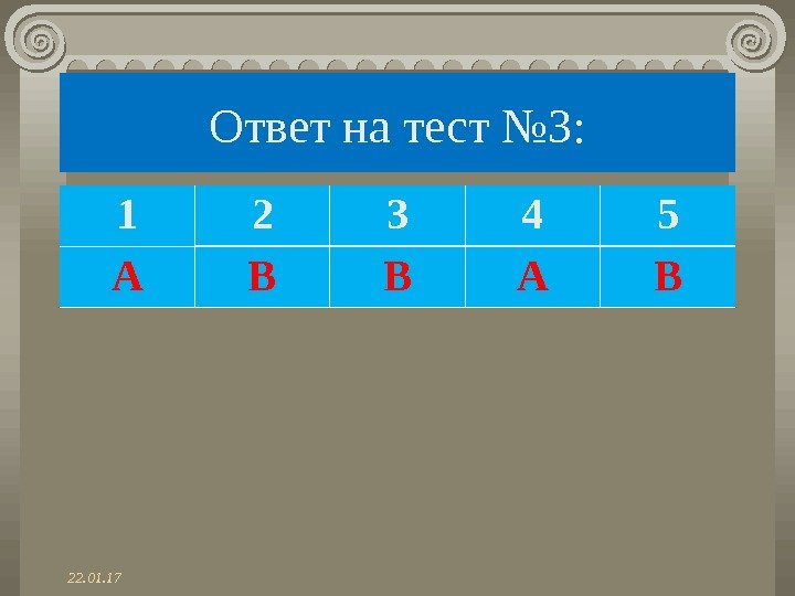 Ответ на тест № 3: 1 2 3 4 5 А В В А