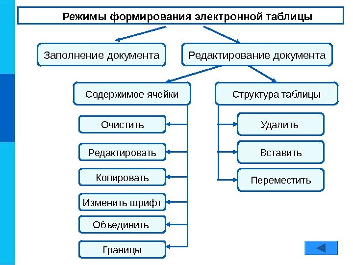 Режимы формирования электронной таблицы Заполнение документа Редактирование документа Содержимое ячейки Структура таблицы Переместить Удалить