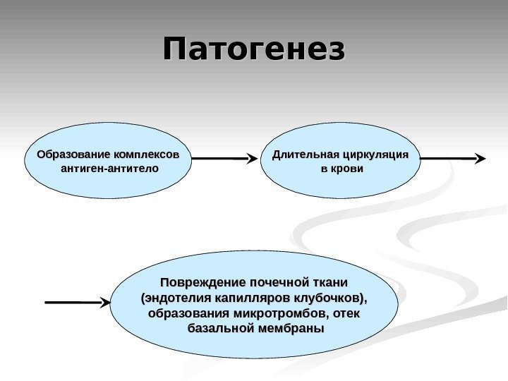 Патогенез Образование комплексов  антиген-антитело Длительная циркуляция  в крови Повреждение почечной ткани 