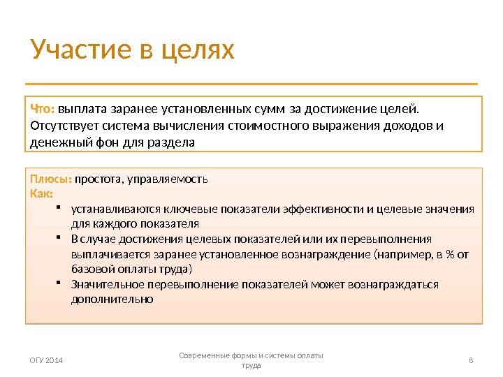 Участие в целях ОГУ 2014 Современные формы и системы оплаты труда 8 Что: 